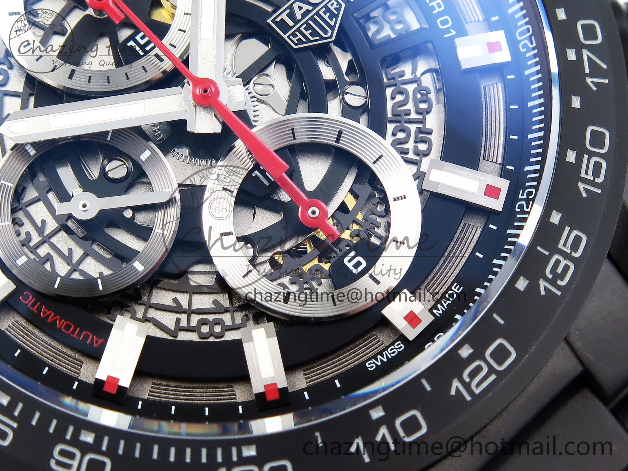 MoistureWicking Calibre Heuer 01 Chrono 43mm Ceramic XF 1:1 Best Edition Skeleton Dial Red Hand on Ceramic Bracelet A 9652