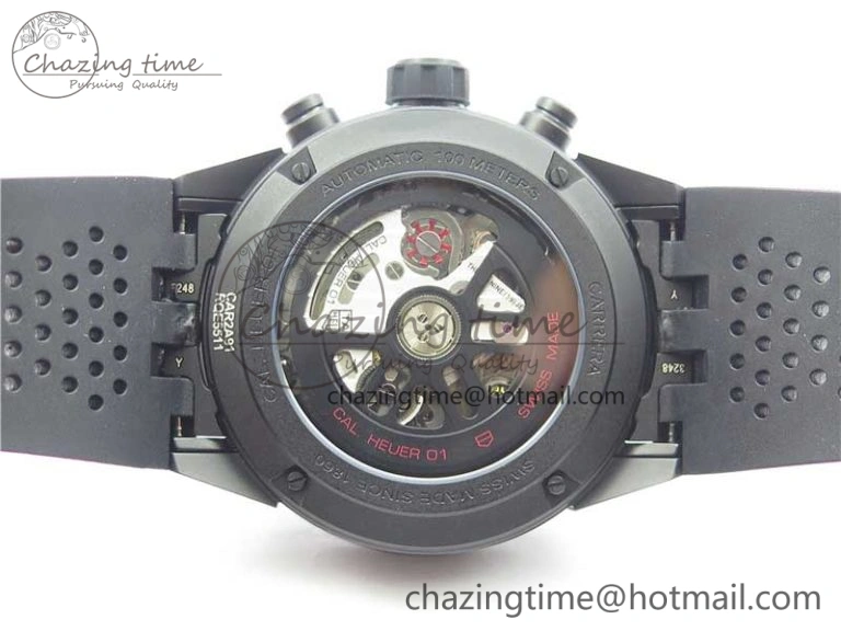 QuickDry Calibre Heuer 01 Chrono 43mm Ceramic XF 1:1 Best Edition Skeleton Dial on Black Rubber Strap A 9678