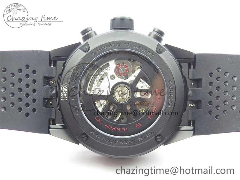 QuickDry Calibre Heuer 01 Chrono 43mm Ceramic XF 1:1 Best Edition Skeleton Dial on Black Rubber Strap A 9678