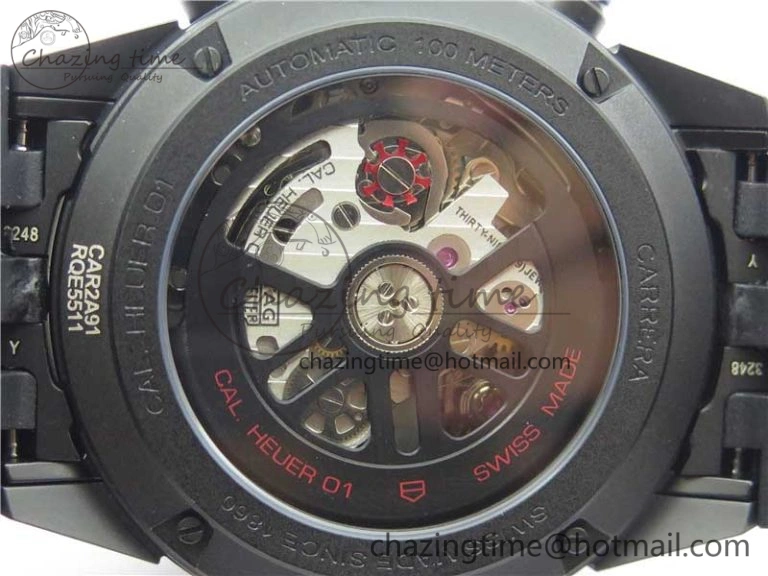 QuickDry Calibre Heuer 01 Chrono 43mm Ceramic XF 1:1 Best Edition Skeleton Dial on Black Rubber Strap A 9678