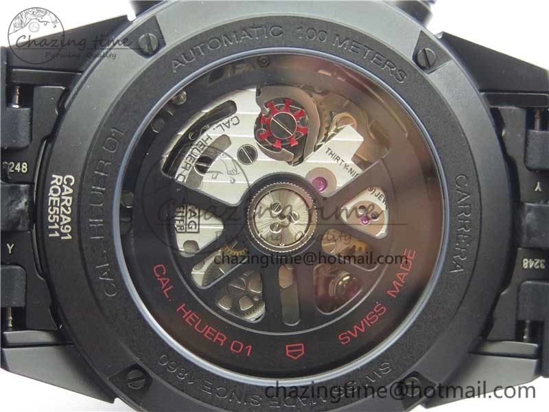 QuickDry Calibre Heuer 01 Chrono 43mm Ceramic XF 1:1 Best Edition Skeleton Dial on Black Rubber Strap A 9678