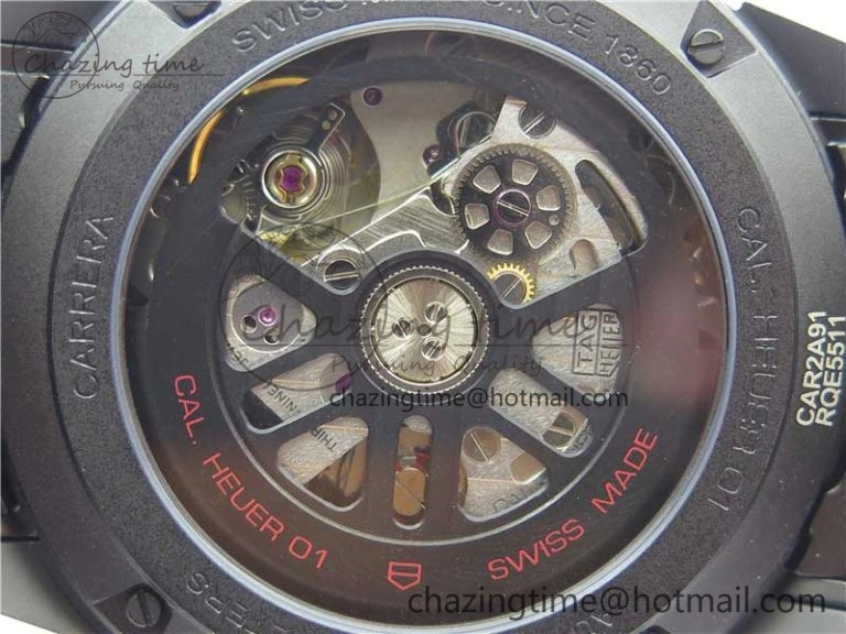 QuickDry Calibre Heuer 01 Chrono 43mm Ceramic XF 1:1 Best Edition Skeleton Dial on Black Rubber Strap A 9678