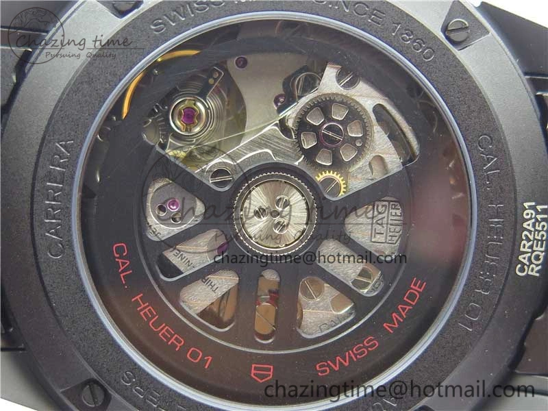 QuickDry Calibre Heuer 01 Chrono 43mm Ceramic XF 1:1 Best Edition Skeleton Dial on Black Rubber Strap A 9678
