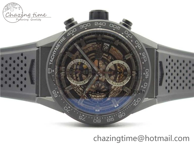 QuickDry Calibre Heuer 01 Chrono 43mm Ceramic XF 1:1 Best Edition Skeleton Dial on Black Rubber Strap A 9678