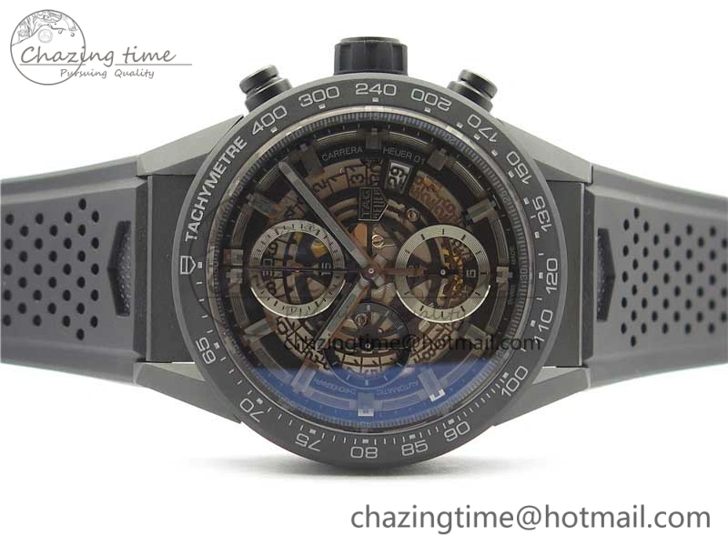 QuickDry Calibre Heuer 01 Chrono 43mm Ceramic XF 1:1 Best Edition Skeleton Dial on Black Rubber Strap A 9678