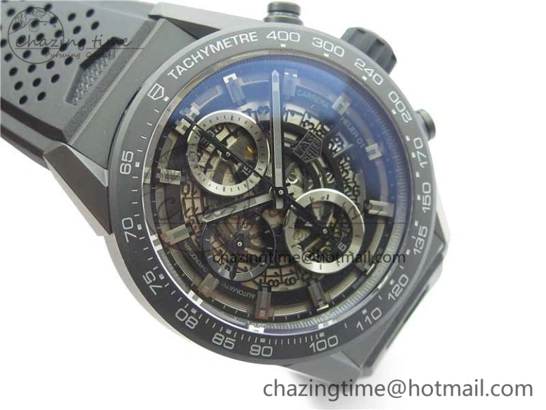 QuickDry Calibre Heuer 01 Chrono 43mm Ceramic XF 1:1 Best Edition Skeleton Dial on Black Rubber Strap A 9678
