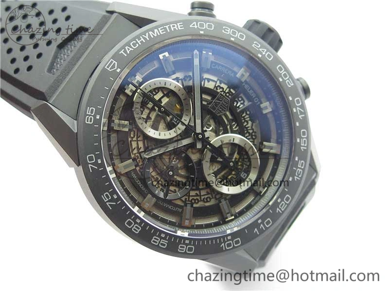 QuickDry Calibre Heuer 01 Chrono 43mm Ceramic XF 1:1 Best Edition Skeleton Dial on Black Rubber Strap A 9678
