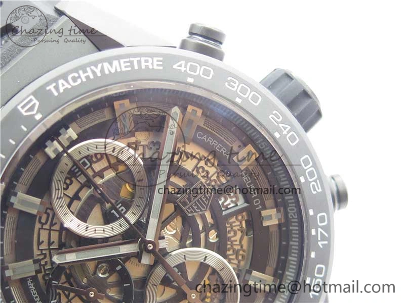 QuickDry Calibre Heuer 01 Chrono 43mm Ceramic XF 1:1 Best Edition Skeleton Dial on Black Rubber Strap A 9678