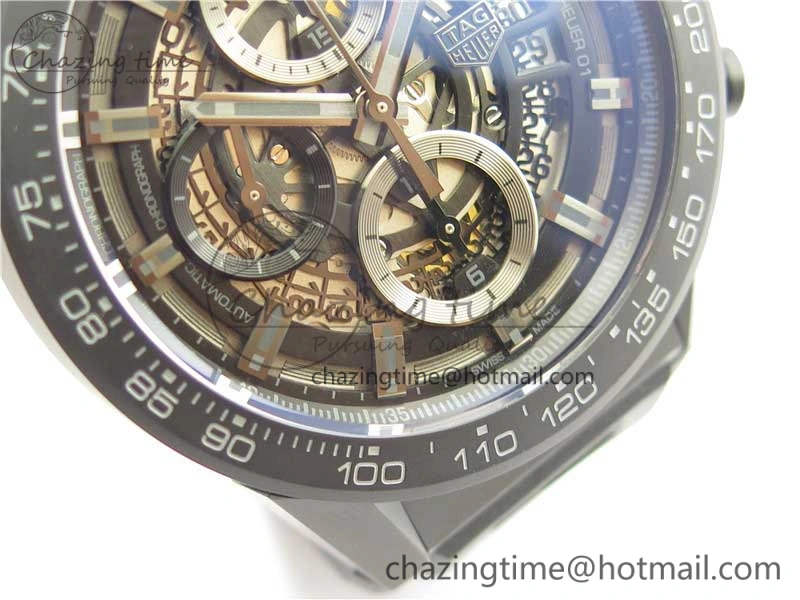 QuickDry Calibre Heuer 01 Chrono 43mm Ceramic XF 1:1 Best Edition Skeleton Dial on Black Rubber Strap A 9678