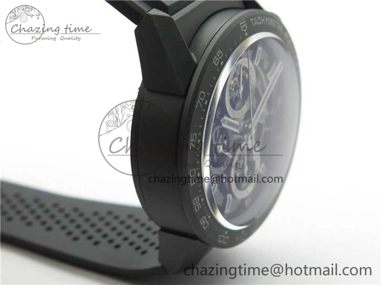 QuickDry Calibre Heuer 01 Chrono 43mm Ceramic XF 1:1 Best Edition Skeleton Dial on Black Rubber Strap A 9678