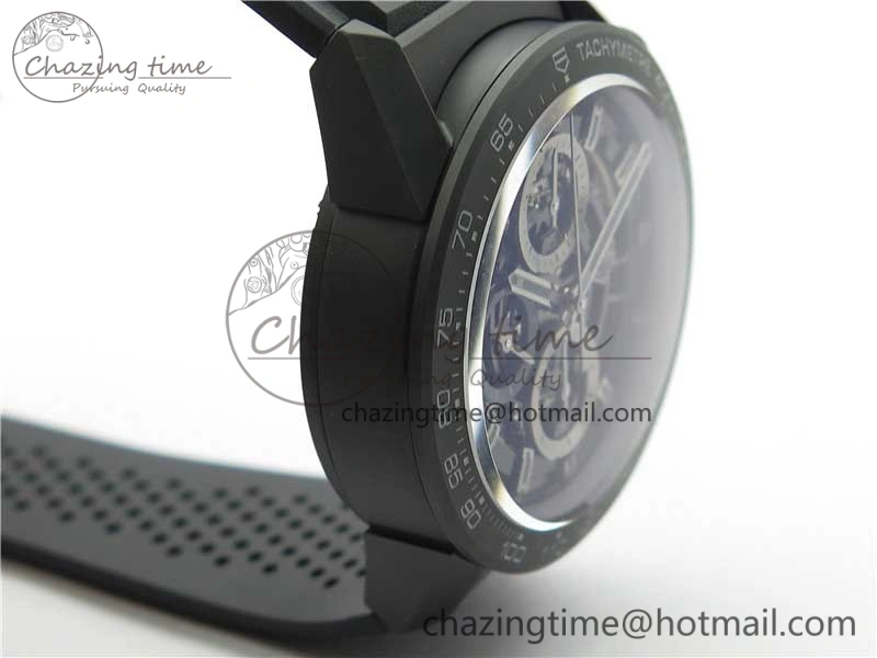 QuickDry Calibre Heuer 01 Chrono 43mm Ceramic XF 1:1 Best Edition Skeleton Dial on Black Rubber Strap A 9678