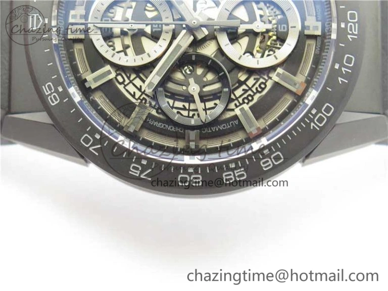 QuickDry Calibre Heuer 01 Chrono 43mm Ceramic XF 1:1 Best Edition Skeleton Dial on Black Rubber Strap A 9678