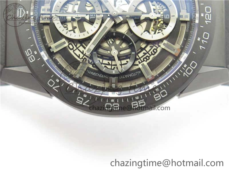QuickDry Calibre Heuer 01 Chrono 43mm Ceramic XF 1:1 Best Edition Skeleton Dial on Black Rubber Strap A 9678