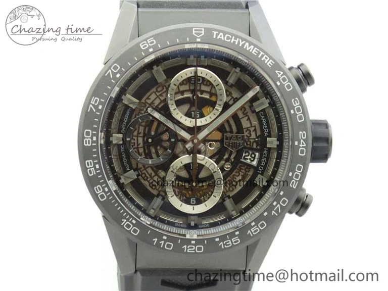 QuickDry Calibre Heuer 01 Chrono 43mm Ceramic XF 1:1 Best Edition Skeleton Dial on Black Rubber Strap A 9678