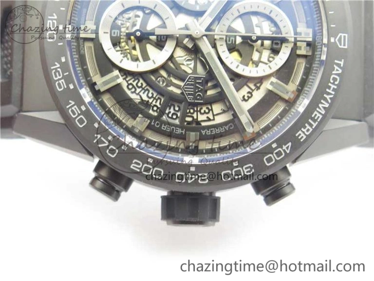 QuickDry Calibre Heuer 01 Chrono 43mm Ceramic XF 1:1 Best Edition Skeleton Dial on Black Rubber Strap A 9678