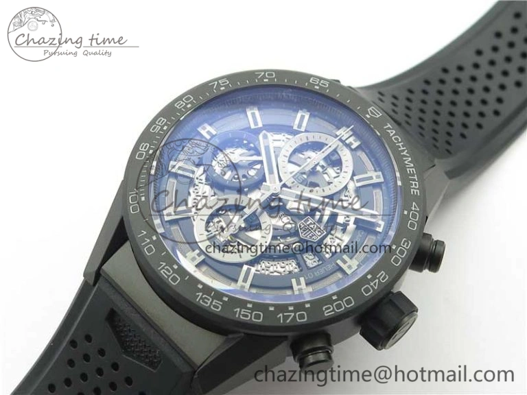 QuickDry Calibre Heuer 01 Chrono 43mm Ceramic XF 1:1 Best Edition Skeleton Dial on Black Rubber Strap A 9678