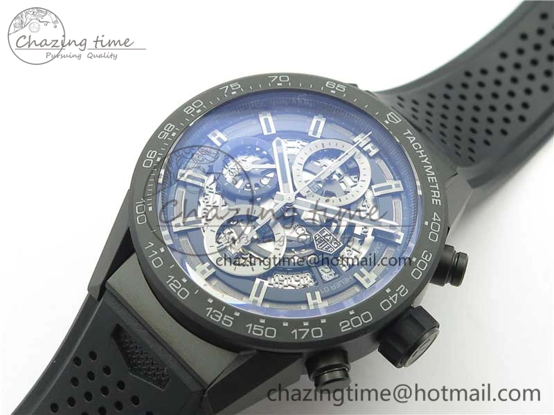 QuickDry Calibre Heuer 01 Chrono 43mm Ceramic XF 1:1 Best Edition Skeleton Dial on Black Rubber Strap A 9678