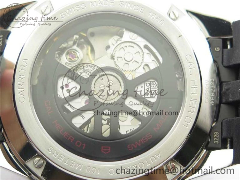Calibre Heuer 01 Chrono 43mm SS XF 1:1 Best Edition Skeleton Dial Red Hand on Black Rubber Strap A WellDesigned 9665
