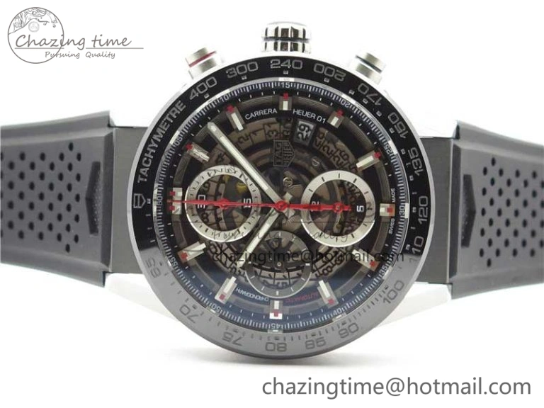 Calibre Heuer 01 Chrono 43mm SS XF 1:1 Best Edition Skeleton Dial Red Hand on Black Rubber Strap A WellDesigned 9665
