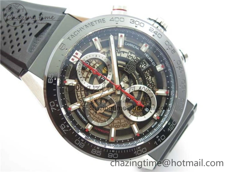 Calibre Heuer 01 Chrono 43mm SS XF 1:1 Best Edition Skeleton Dial Red Hand on Black Rubber Strap A WellDesigned 9665