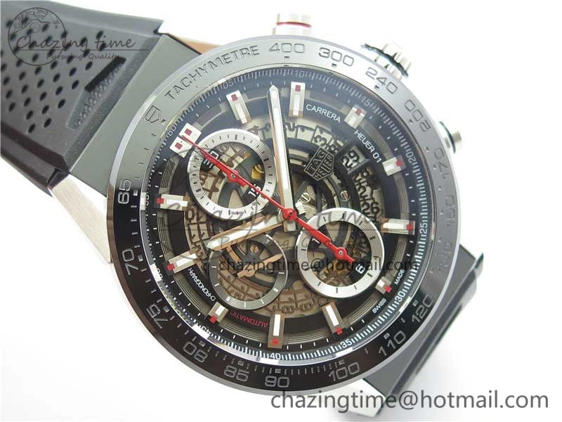Calibre Heuer 01 Chrono 43mm SS XF 1:1 Best Edition Skeleton Dial Red Hand on Black Rubber Strap A WellDesigned 9665