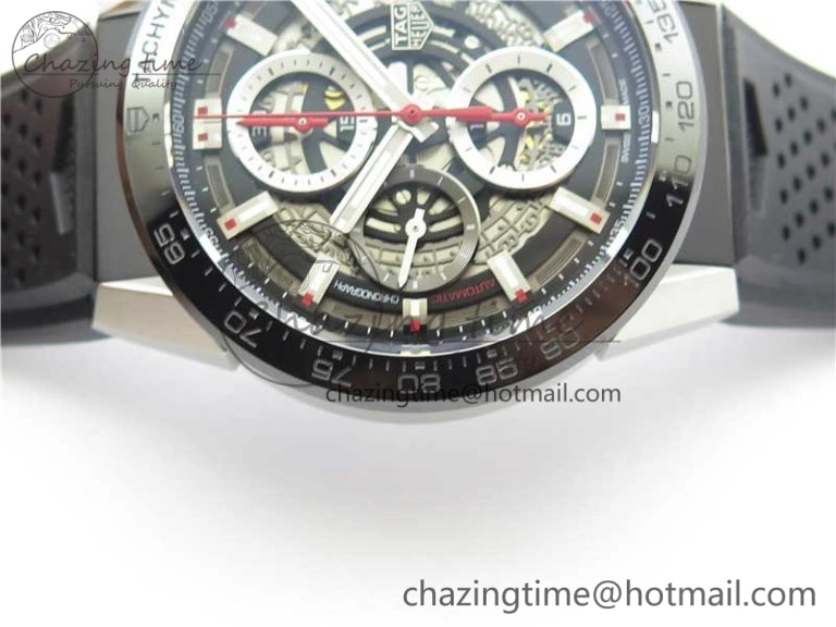 Calibre Heuer 01 Chrono 43mm SS XF 1:1 Best Edition Skeleton Dial Red Hand on Black Rubber Strap A WellDesigned 9665