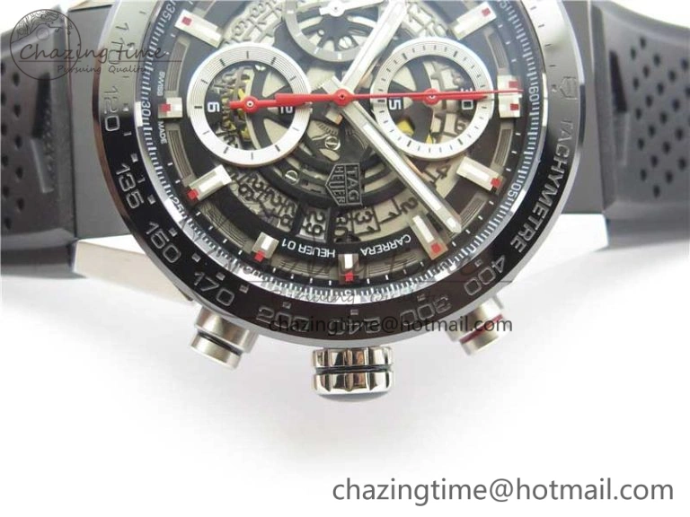 Calibre Heuer 01 Chrono 43mm SS XF 1:1 Best Edition Skeleton Dial Red Hand on Black Rubber Strap A WellDesigned 9665