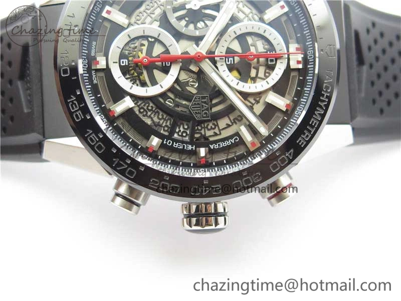 Calibre Heuer 01 Chrono 43mm SS XF 1:1 Best Edition Skeleton Dial Red Hand on Black Rubber Strap A WellDesigned 9665