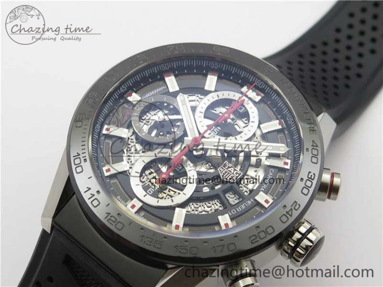 Calibre Heuer 01 Chrono 43mm SS XF 1:1 Best Edition Skeleton Dial Red Hand on Black Rubber Strap A WellDesigned 9665