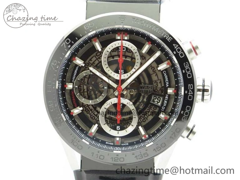 Calibre Heuer 01 Chrono 43mm SS XF 1:1 Best Edition Skeleton Dial Red Hand on Black Rubber Strap A WellDesigned 9665