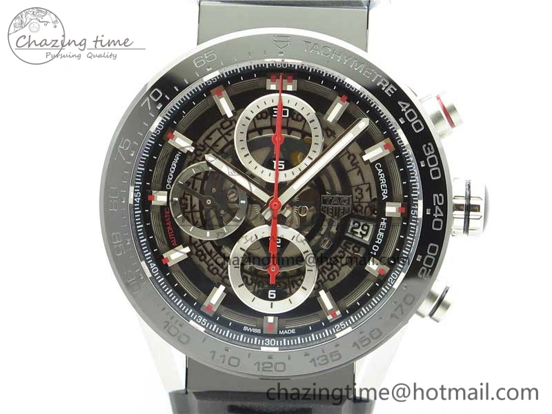 Calibre Heuer 01 Chrono 43mm SS XF 1:1 Best Edition Skeleton Dial Red Hand on Black Rubber Strap A WellDesigned 9665
