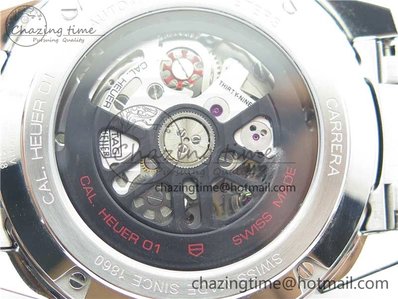 Calibre Heuer 01 Chrono 43mm SS XF 1:1 Best Edition Skeleton Dial Red Hand on SS Bracelet A ZeroBulk 9680