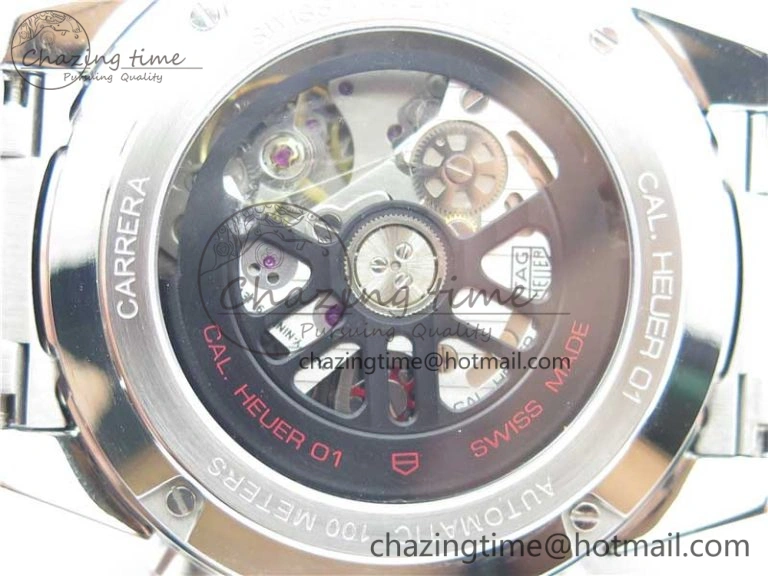 Calibre Heuer 01 Chrono 43mm SS XF 1:1 Best Edition Skeleton Dial Red Hand on SS Bracelet A ZeroBulk 9680