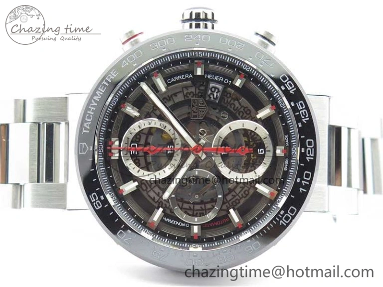 Calibre Heuer 01 Chrono 43mm SS XF 1:1 Best Edition Skeleton Dial Red Hand on SS Bracelet A ZeroBulk 9680
