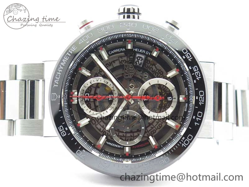 Calibre Heuer 01 Chrono 43mm SS XF 1:1 Best Edition Skeleton Dial Red Hand on SS Bracelet A ZeroBulk 9680