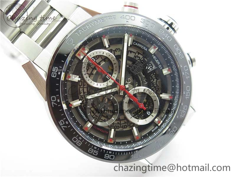 Calibre Heuer 01 Chrono 43mm SS XF 1:1 Best Edition Skeleton Dial Red Hand on SS Bracelet A ZeroBulk 9680
