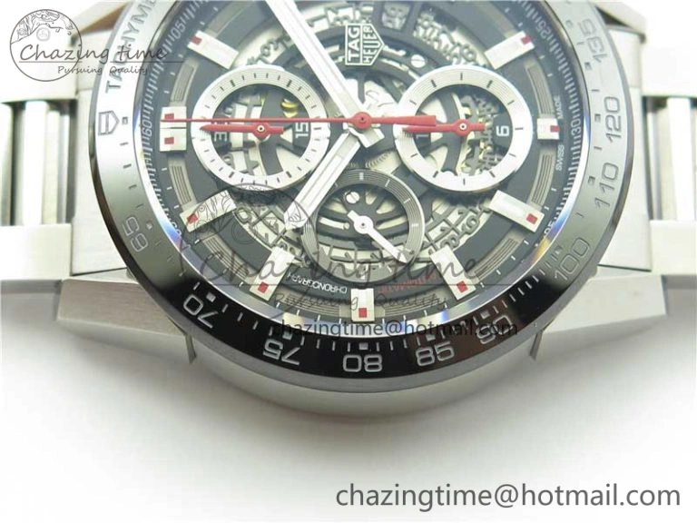 Calibre Heuer 01 Chrono 43mm SS XF 1:1 Best Edition Skeleton Dial Red Hand on SS Bracelet A ZeroBulk 9680