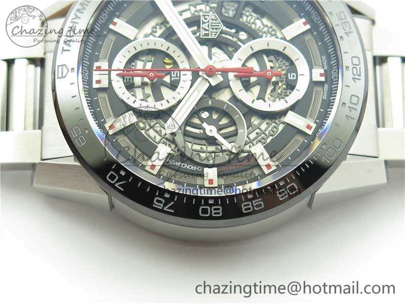 Calibre Heuer 01 Chrono 43mm SS XF 1:1 Best Edition Skeleton Dial Red Hand on SS Bracelet A ZeroBulk 9680