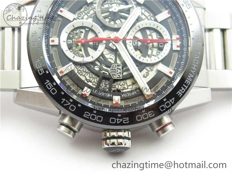 Calibre Heuer 01 Chrono 43mm SS XF 1:1 Best Edition Skeleton Dial Red Hand on SS Bracelet A ZeroBulk 9680