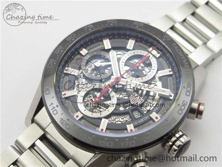Calibre Heuer 01 Chrono 43mm SS XF 1:1 Best Edition Skeleton Dial Red Hand on SS Bracelet A ZeroBulk 9680