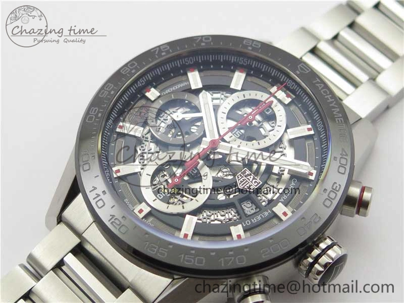 Calibre Heuer 01 Chrono 43mm SS XF 1:1 Best Edition Skeleton Dial Red Hand on SS Bracelet A ZeroBulk 9680