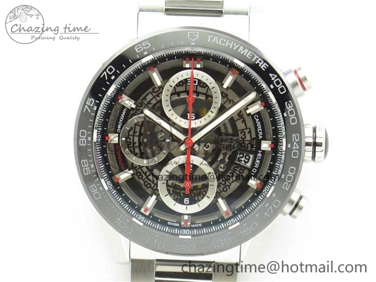 Calibre Heuer 01 Chrono 43mm SS XF 1:1 Best Edition Skeleton Dial Red Hand on SS Bracelet A ZeroBulk 9680