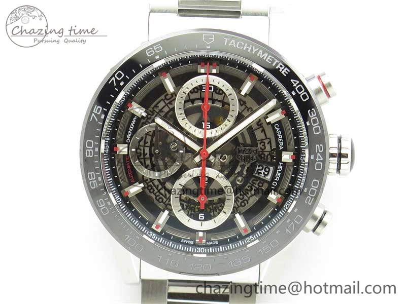Calibre Heuer 01 Chrono 43mm SS XF 1:1 Best Edition Skeleton Dial Red Hand on SS Bracelet A ZeroBulk 9680