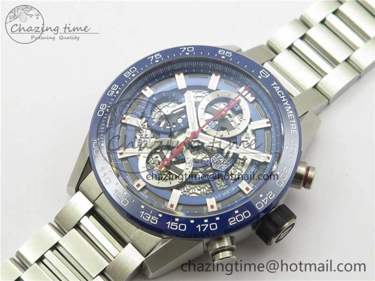 Youthful Calibre Heuer 01 Chrono 43mm SS Blue XF 1:1 Best Edition Skeleton Dial Red Hand on SS Bracelet A 9673