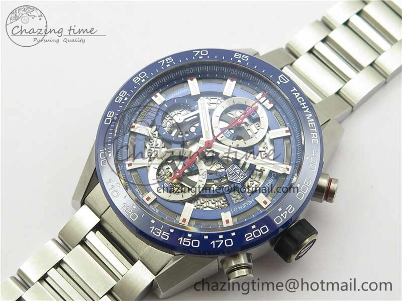 Youthful Calibre Heuer 01 Chrono 43mm SS Blue XF 1:1 Best Edition Skeleton Dial Red Hand on SS Bracelet A 9673