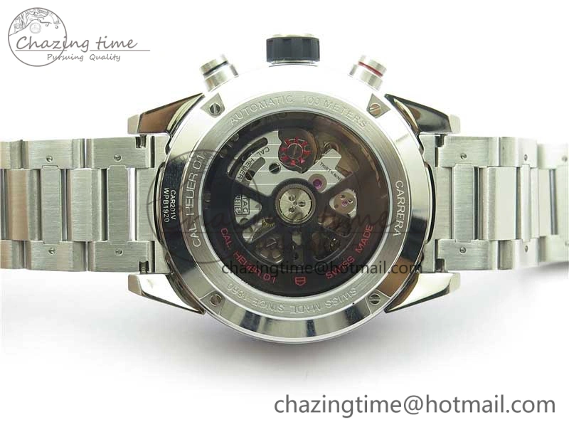 Youthful Calibre Heuer 01 Chrono 43mm SS Blue XF 1:1 Best Edition Skeleton Dial Red Hand on SS Bracelet A 9673
