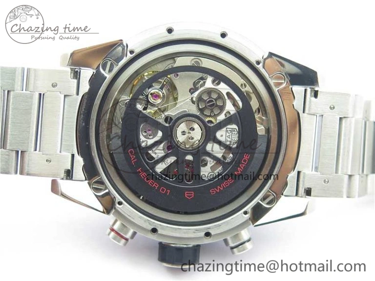 Youthful Calibre Heuer 01 Chrono 43mm SS Blue XF 1:1 Best Edition Skeleton Dial Red Hand on SS Bracelet A 9673