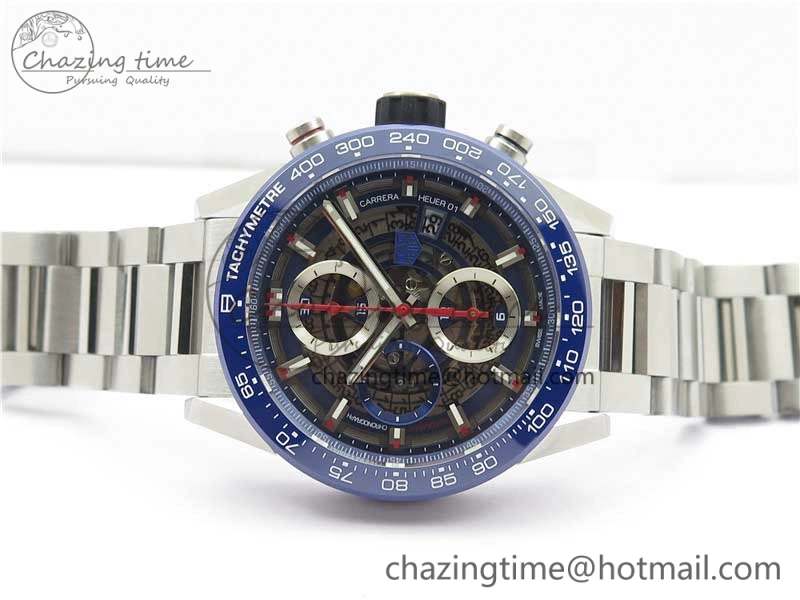 Youthful Calibre Heuer 01 Chrono 43mm SS Blue XF 1:1 Best Edition Skeleton Dial Red Hand on SS Bracelet A 9673