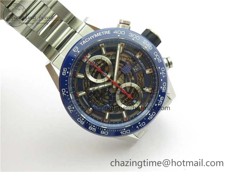 Youthful Calibre Heuer 01 Chrono 43mm SS Blue XF 1:1 Best Edition Skeleton Dial Red Hand on SS Bracelet A 9673