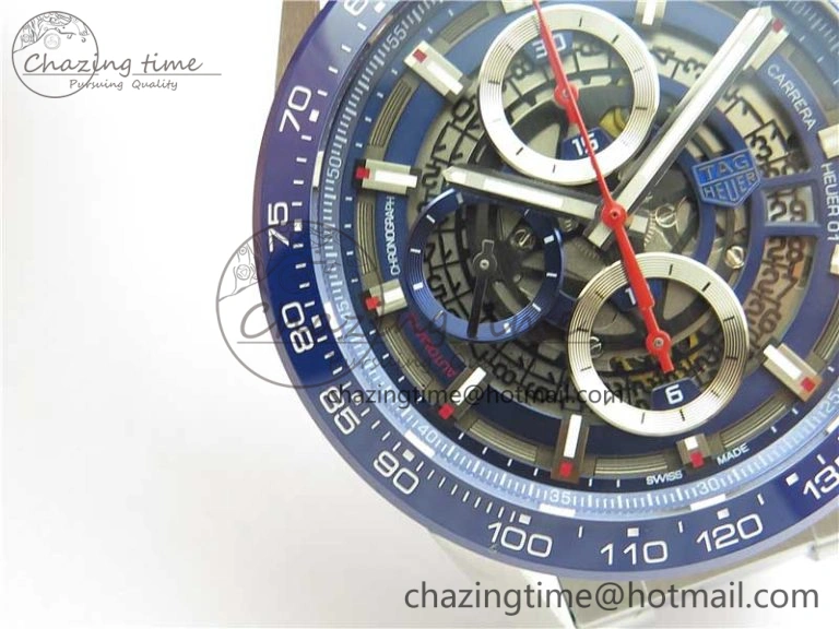 Youthful Calibre Heuer 01 Chrono 43mm SS Blue XF 1:1 Best Edition Skeleton Dial Red Hand on SS Bracelet A 9673